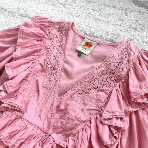 Farm Rio Blush Pink Puff Sleeve V-Neck Cropped Bohemian Blouse Size XS - Picture 9 of 16